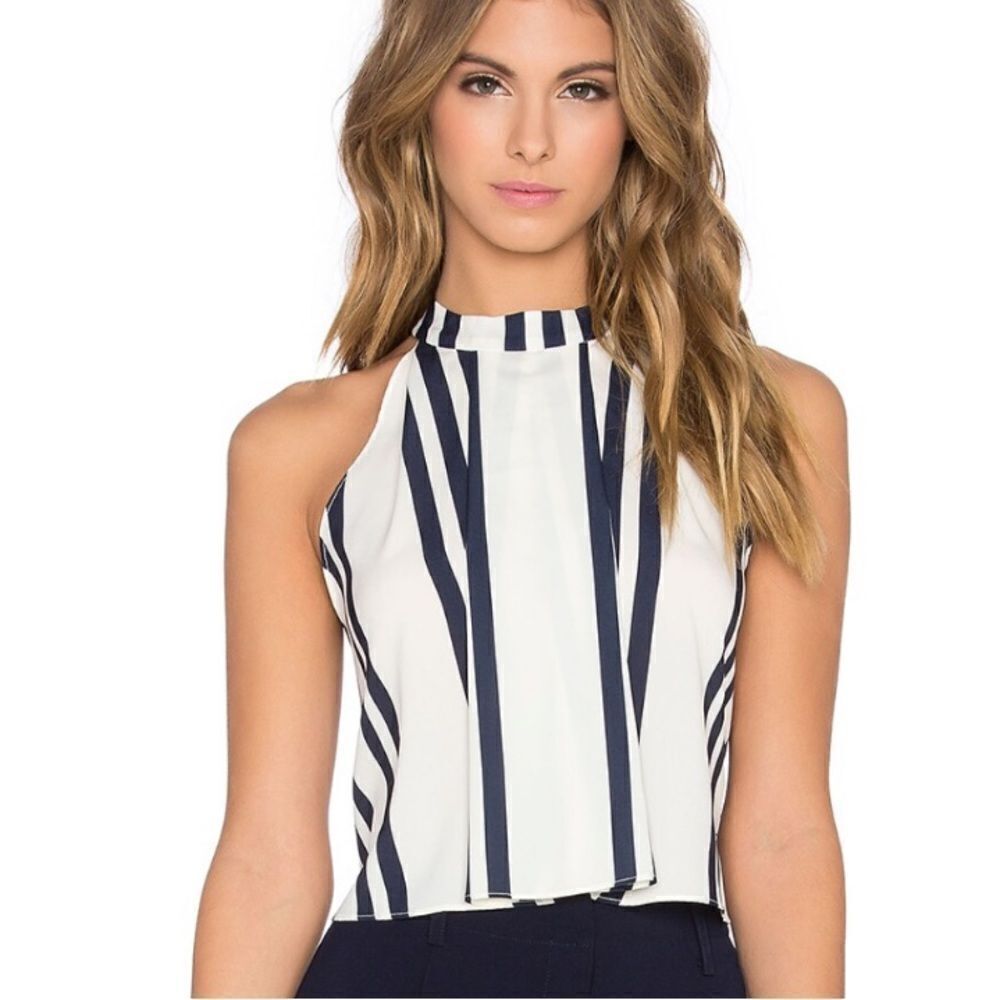 NWT Bishop + Young x Revolve Navy Stripe High Neck Crop Top Blouse
